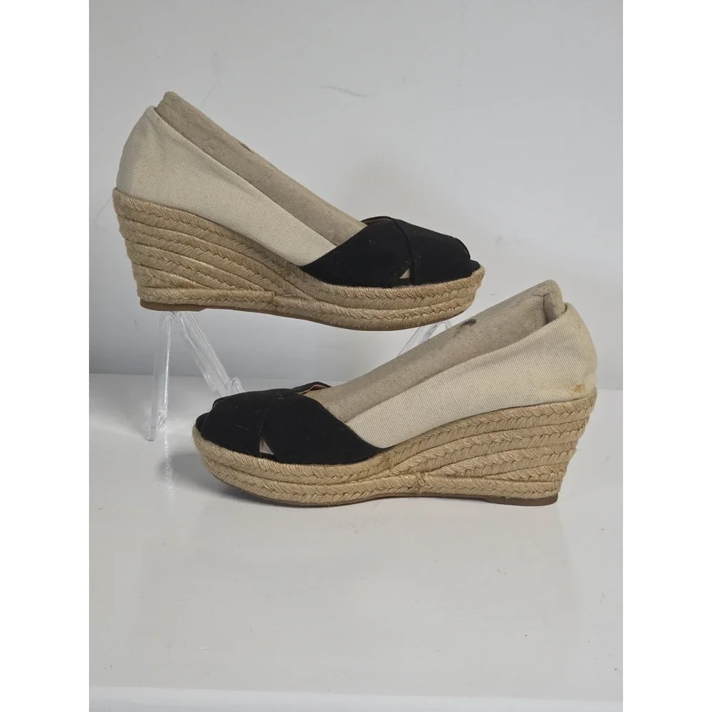 Tory Burch Womens 10 Espadrille Wedge Sandals Canvas Peep Toe Black Logo